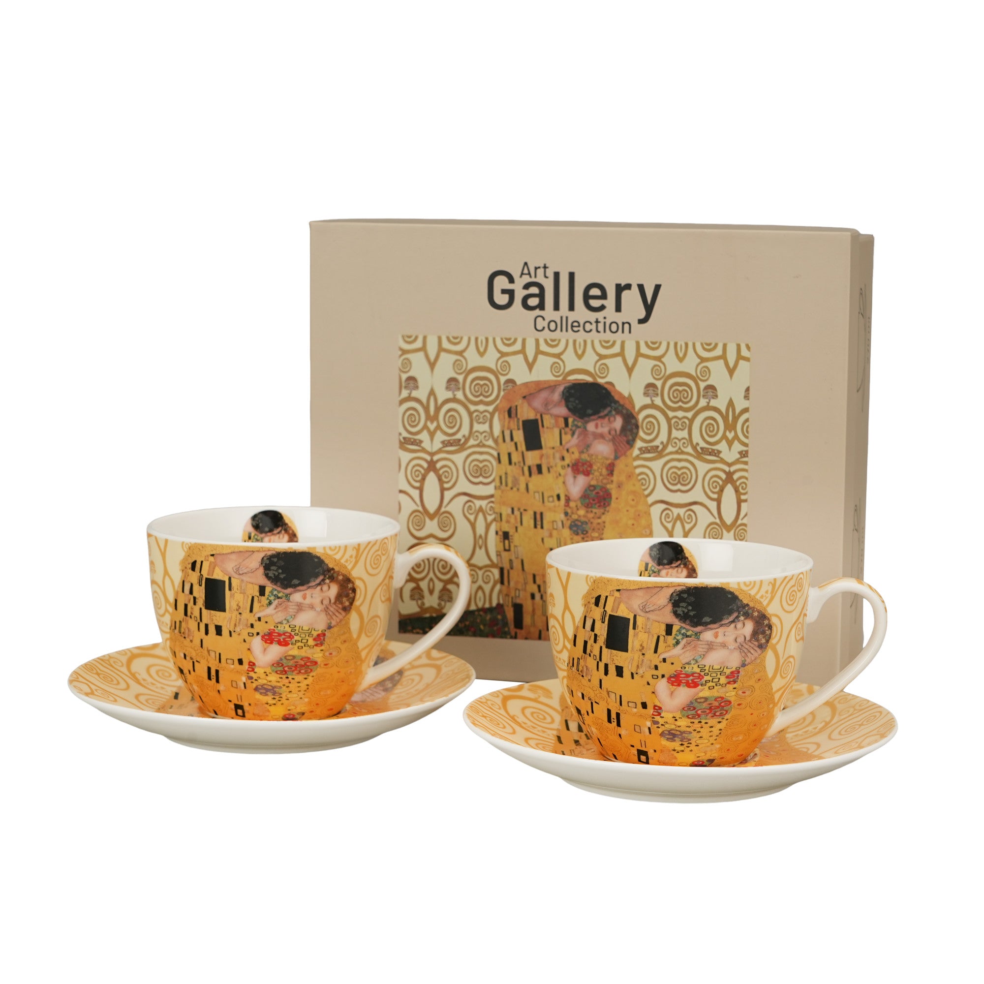Set 2 cești și farfurioare THE KISS ECRU inspirate de Klimt, 270 ml