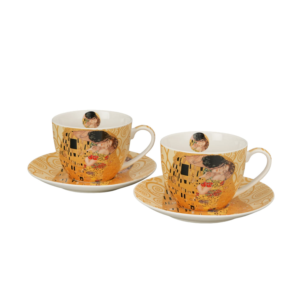 Set 2 cești și farfurioare THE KISS ECRU inspirate de Klimt, 270 ml