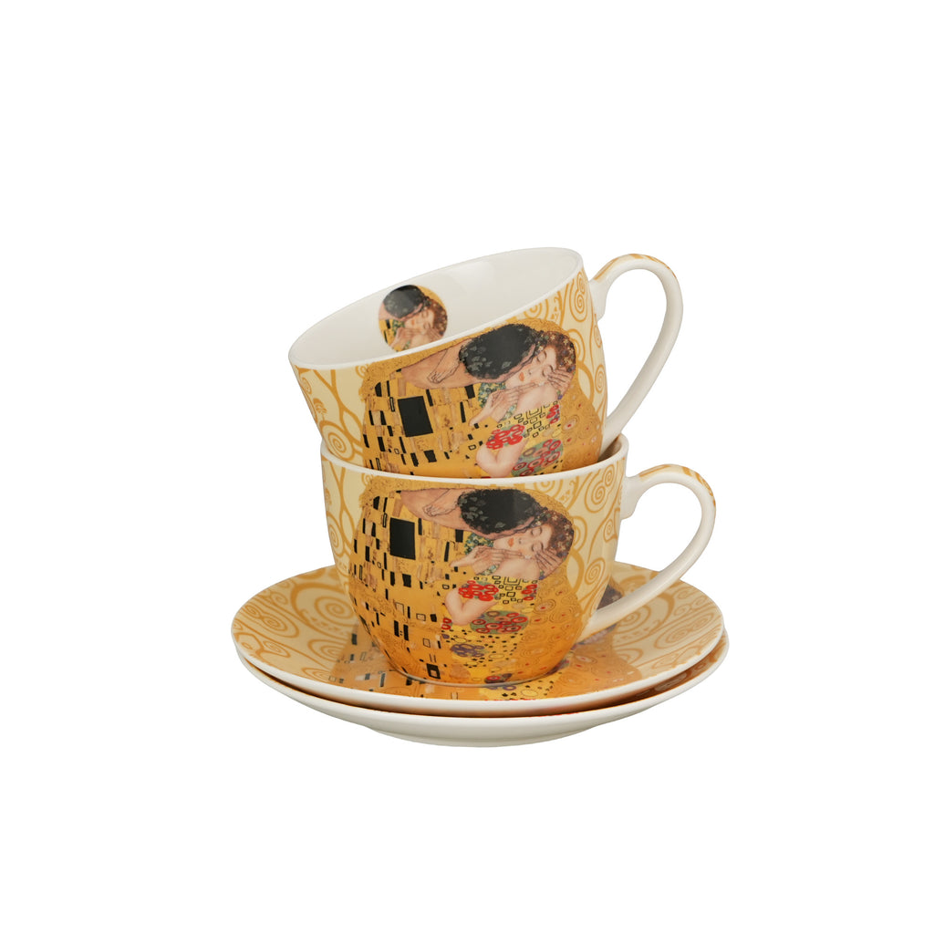 Set 2 cești și farfurioare THE KISS ECRU inspirate de Klimt, 270 ml