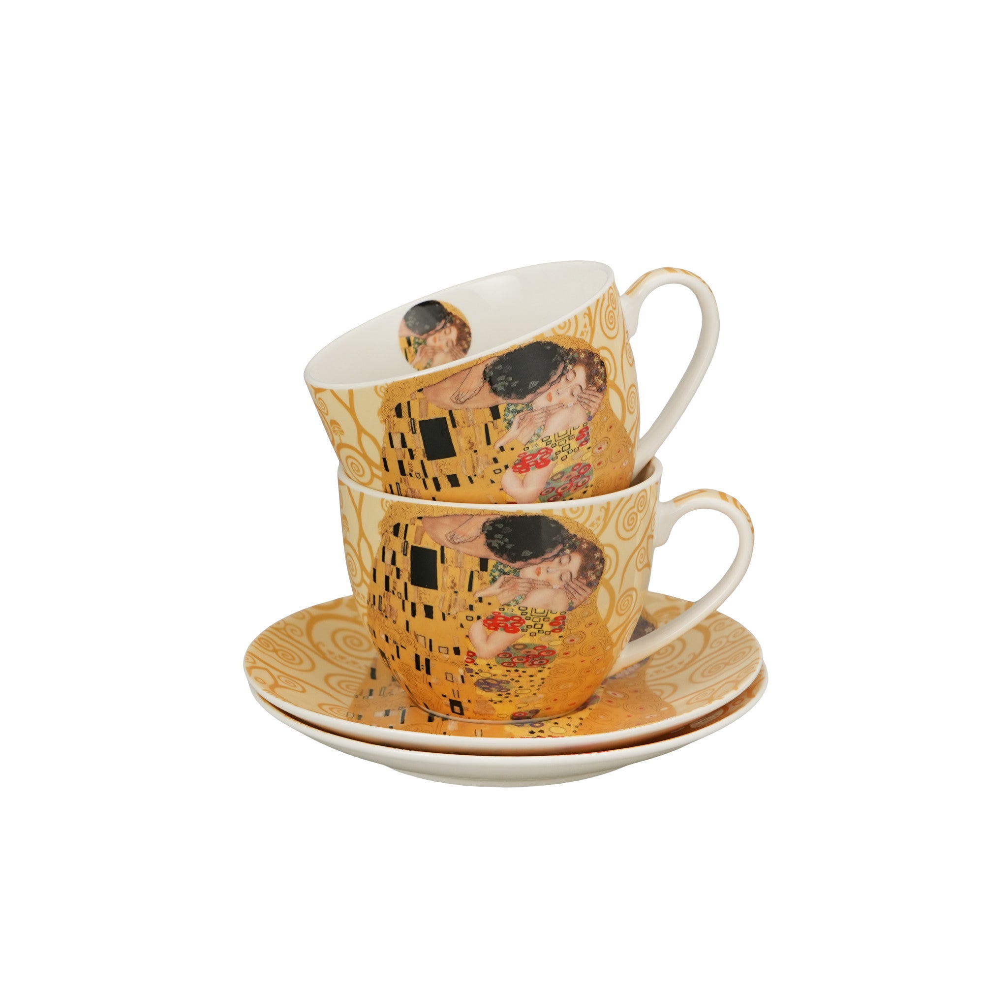 Set 2 cești și farfurioare THE KISS ECRU inspirate de Klimt, 270 ml