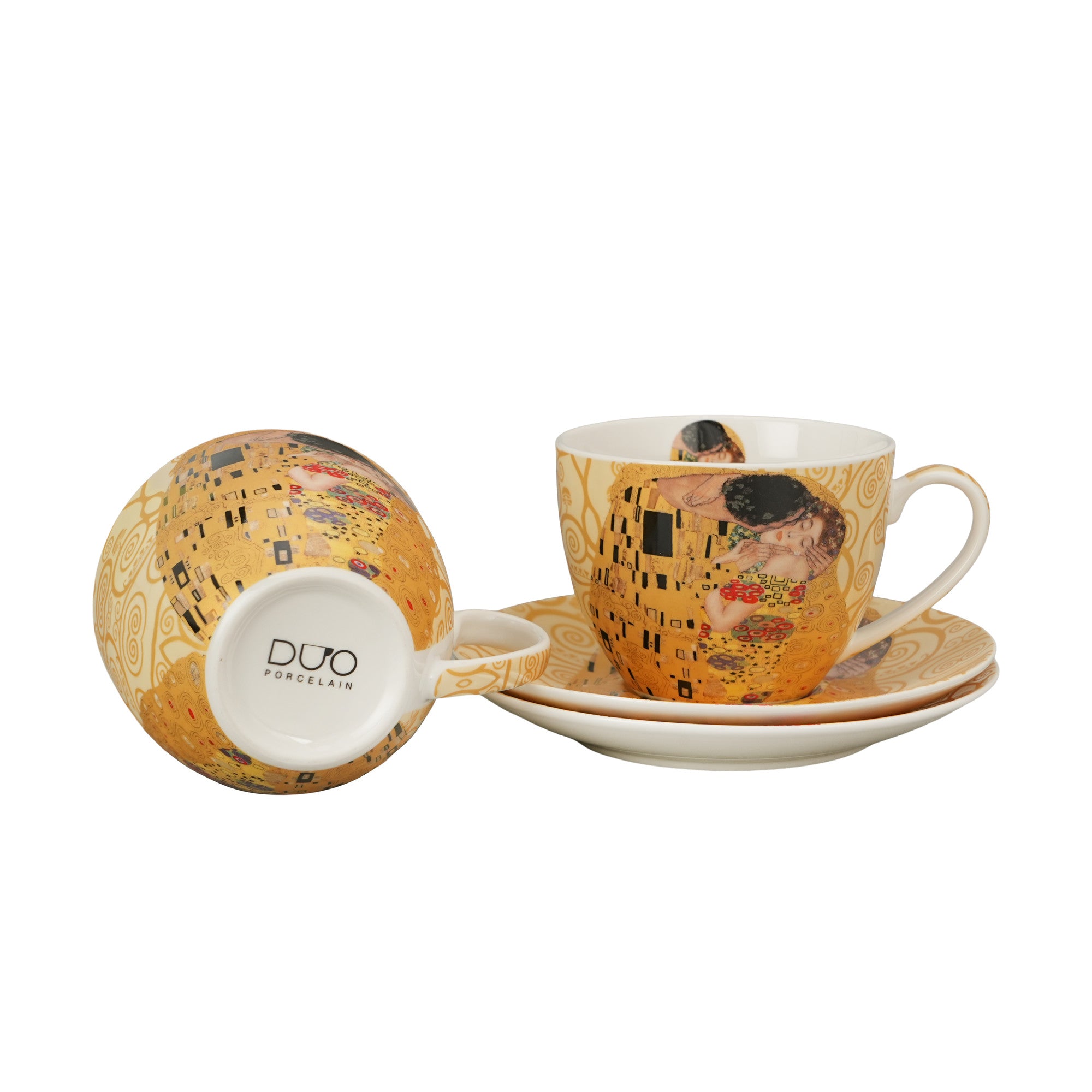 Set 2 cești și farfurioare THE KISS ECRU inspirate de Klimt, 270 ml