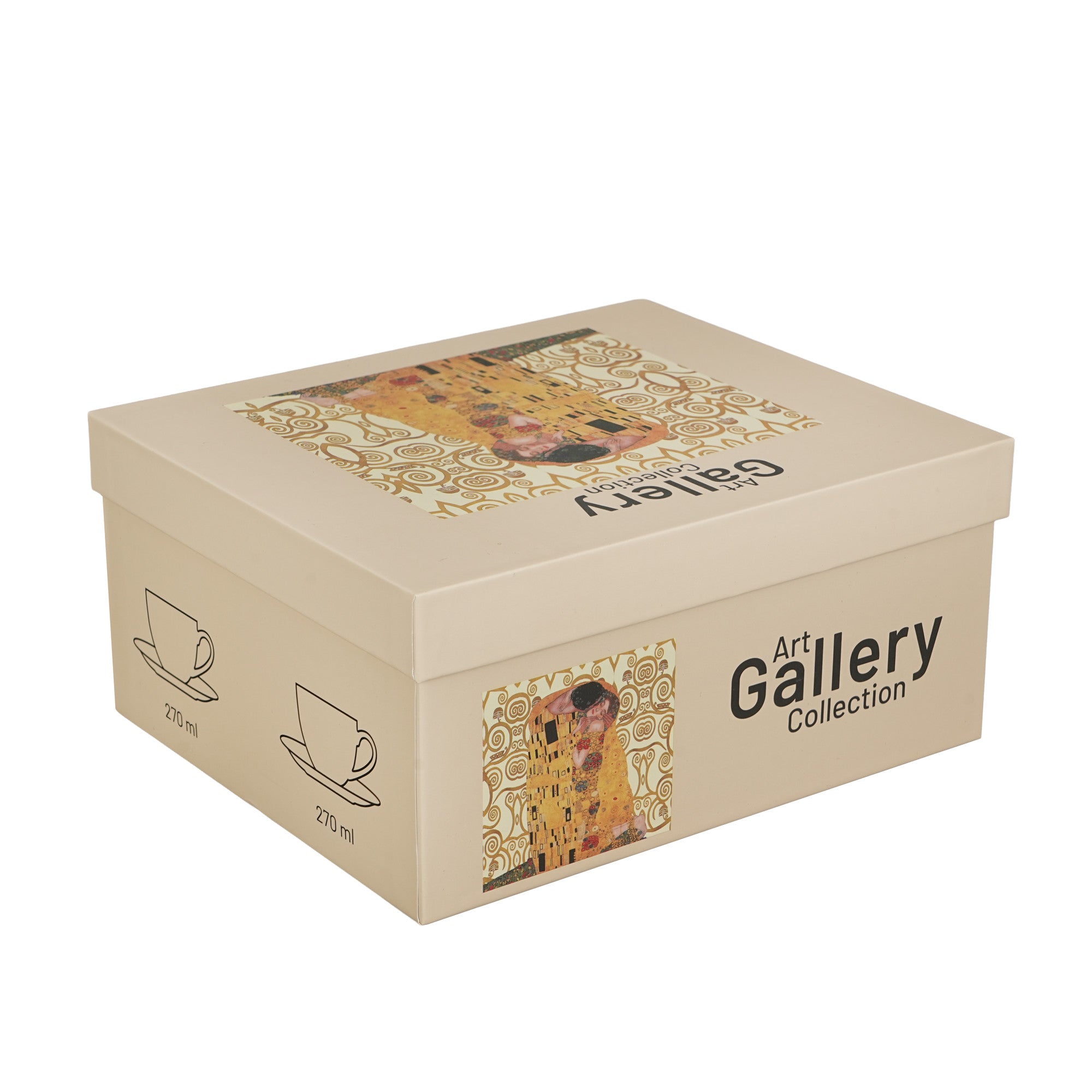 Set 2 cești și farfurioare THE KISS ECRU inspirate de Klimt, 270 ml