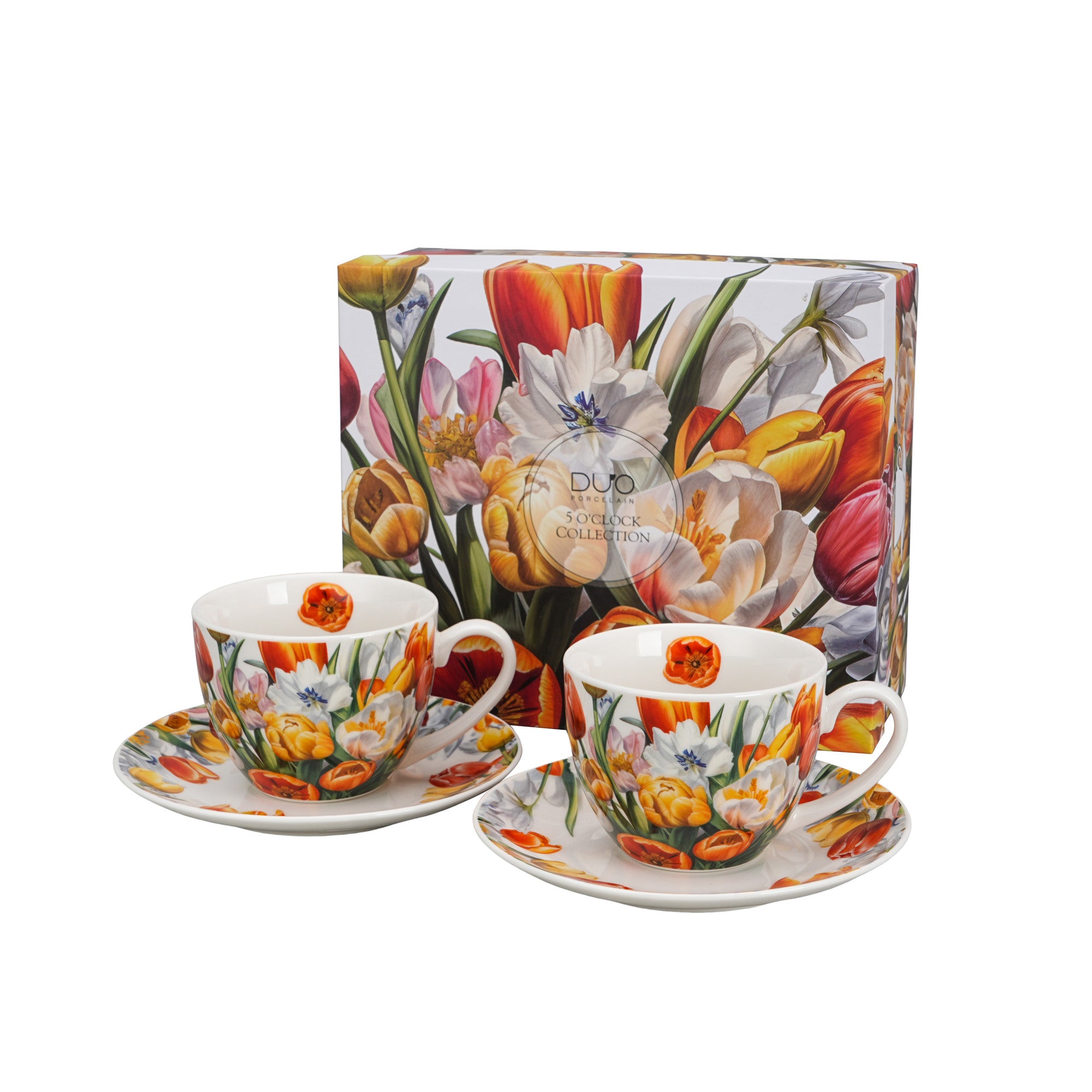 Set de 2 cesti si farfurie, Lalele, portelan, multicolor, 270 ml