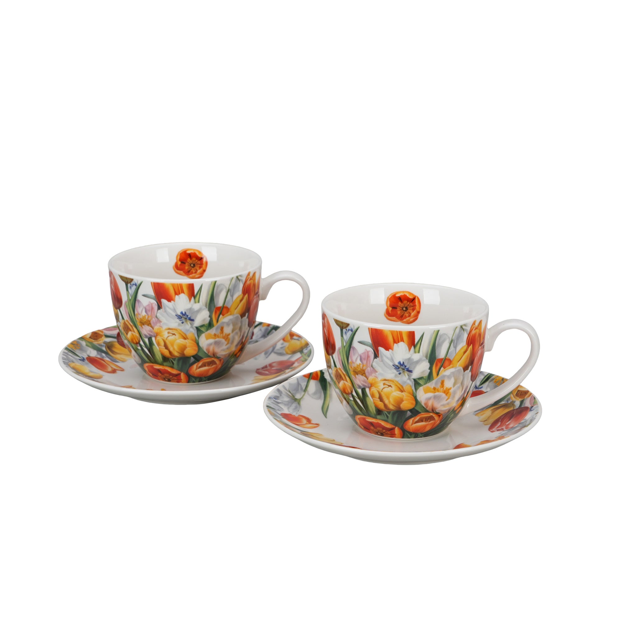 Set de 2 cesti si farfurie, Lalele, portelan, multicolor, 270 ml