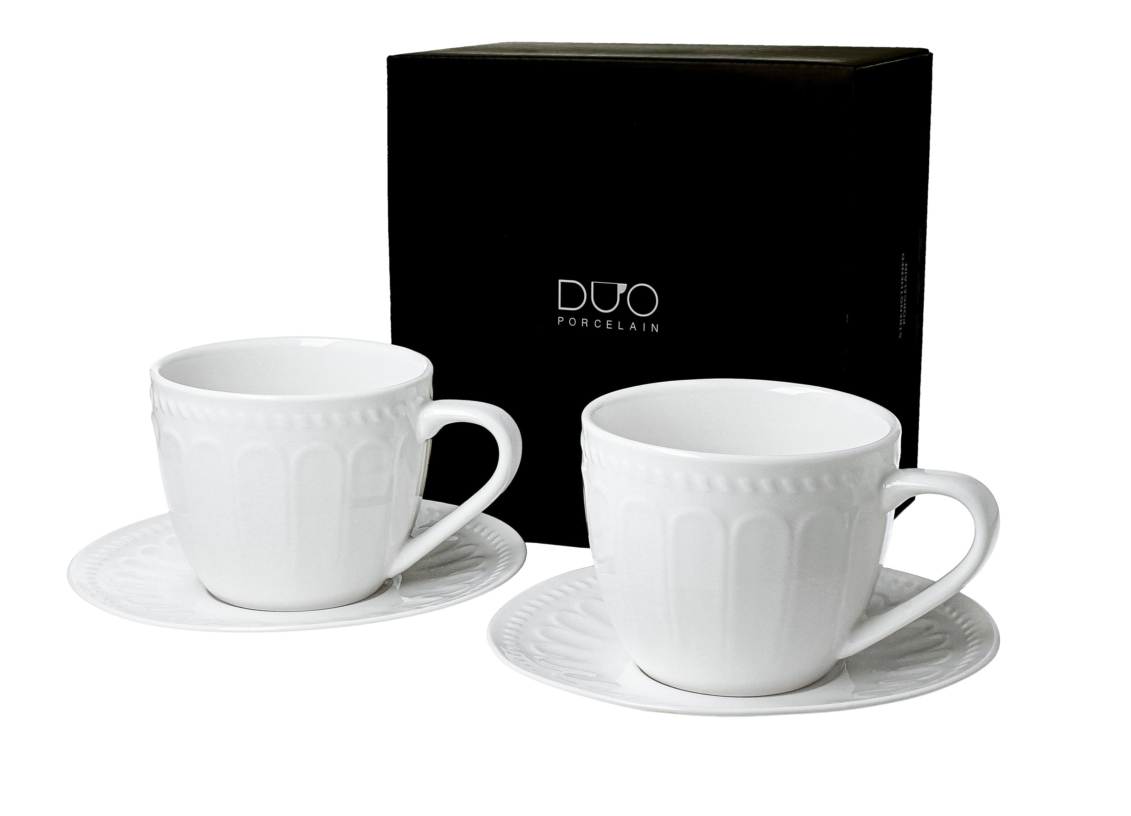 Set de 2 cesti si farfurioare, Duo Gift, Twilight, portelan, alb, 260 ml