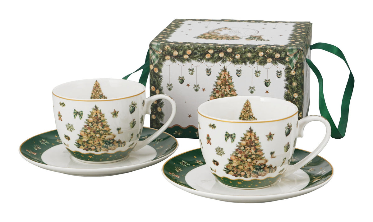 Set 2 cesti de Craciun, cu farfurioare, 270 ml, Tree Sparkle