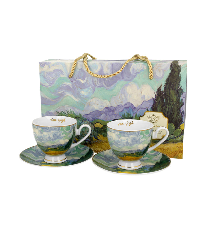 Set 2 cesti si farfurioare Weat Filed, inspirate de Van Gogh - Golden Line, 250 ml - Victoria home deco