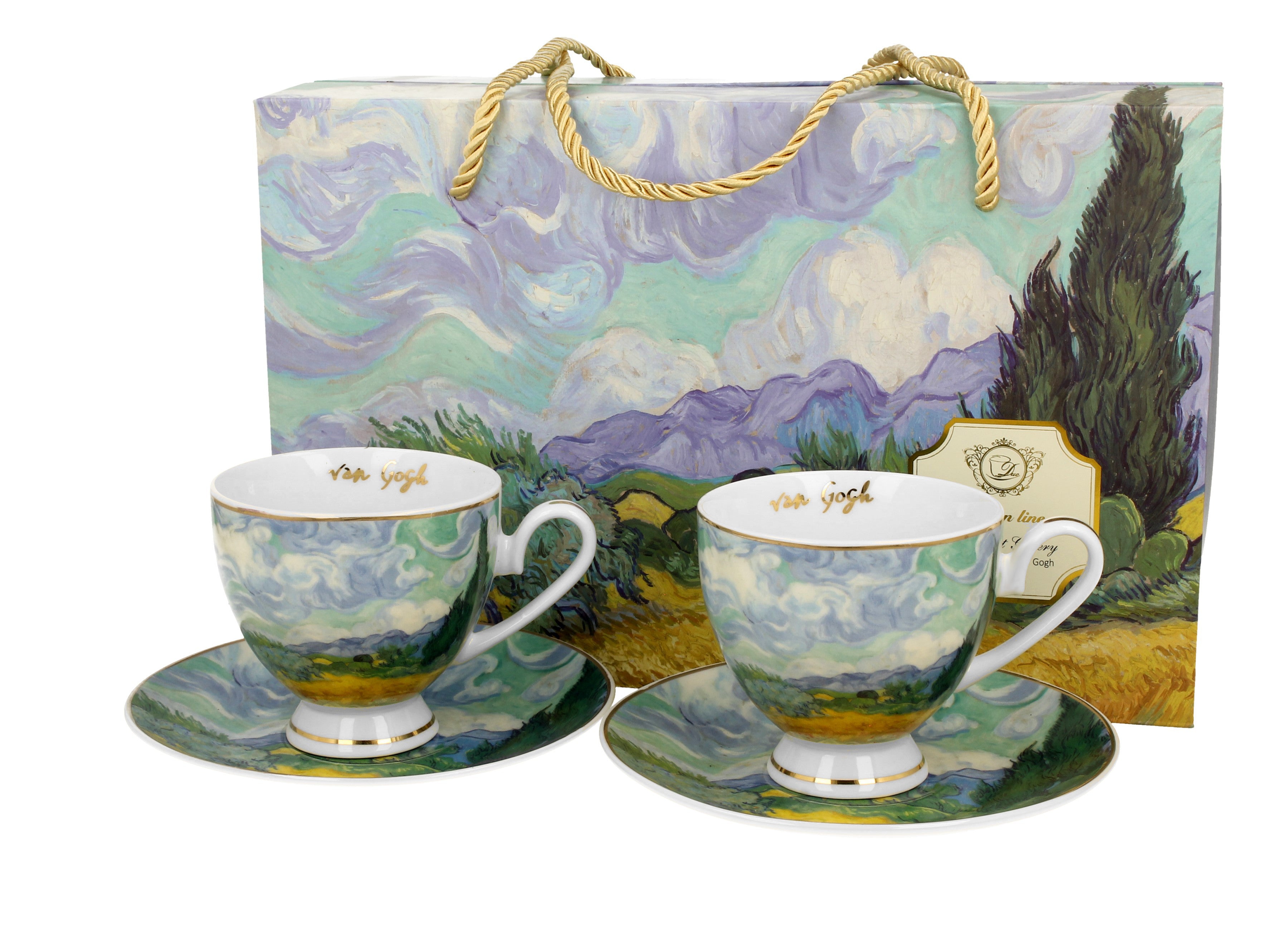 Set 2 cesti si farfurioare Weat Filed, inspirate de Van Gogh - Golden Line, 250 ml - Victoria home deco