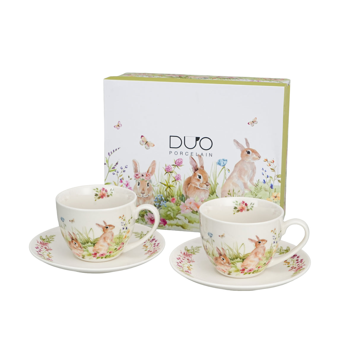Set 2 cesti cu farfurie, portelan, Iepurasi, 270 ml, multicolor