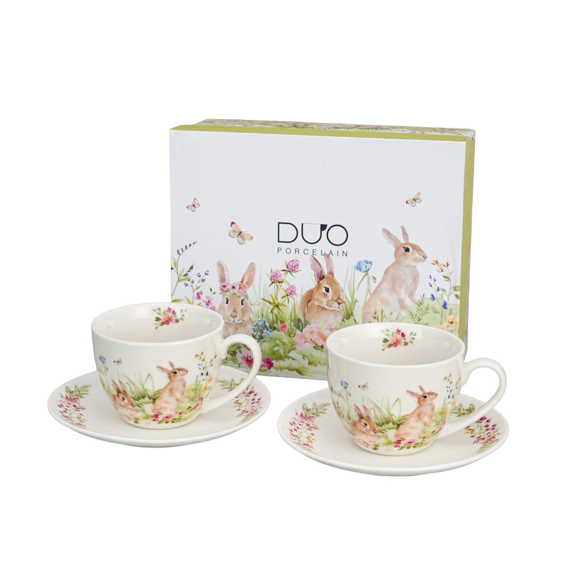 Set 2 cesti cu farfurie, portelan, Iepurasi, 270 ml, multicolor