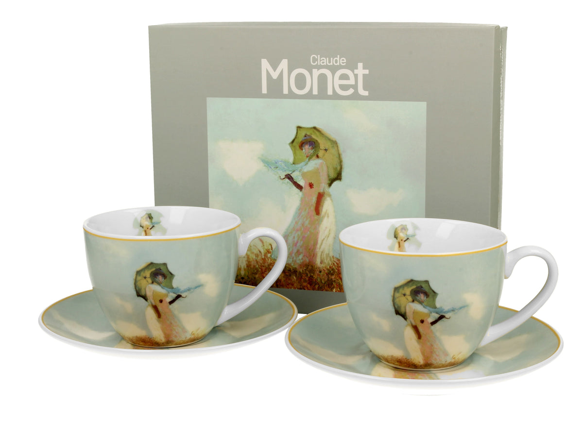 Set 2 cesti cu farfurie, portelan, C. Monet, Femeia cu umbrela, 280 ml