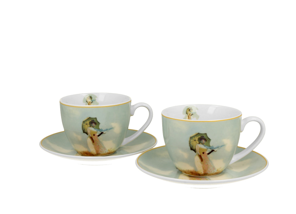 Set 2 cesti cu farfurie, portelan, C. Monet, Femeia cu umbrela, 280 ml
