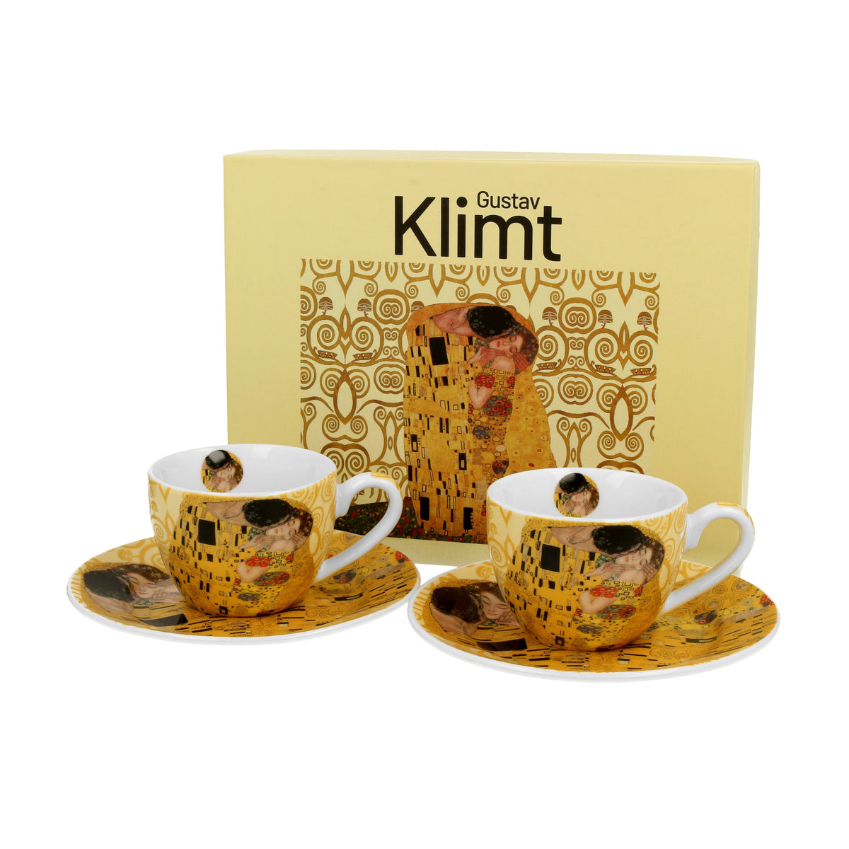 Set de doua cesti si farfurioare espresso The Kiss Ecru inspirate de Gustav Klimt, 90 ml