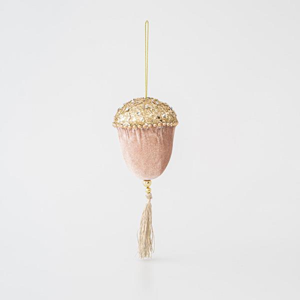 Decoratiune de brad , design ghinda, catifea, roz/auriu, 8x20cm