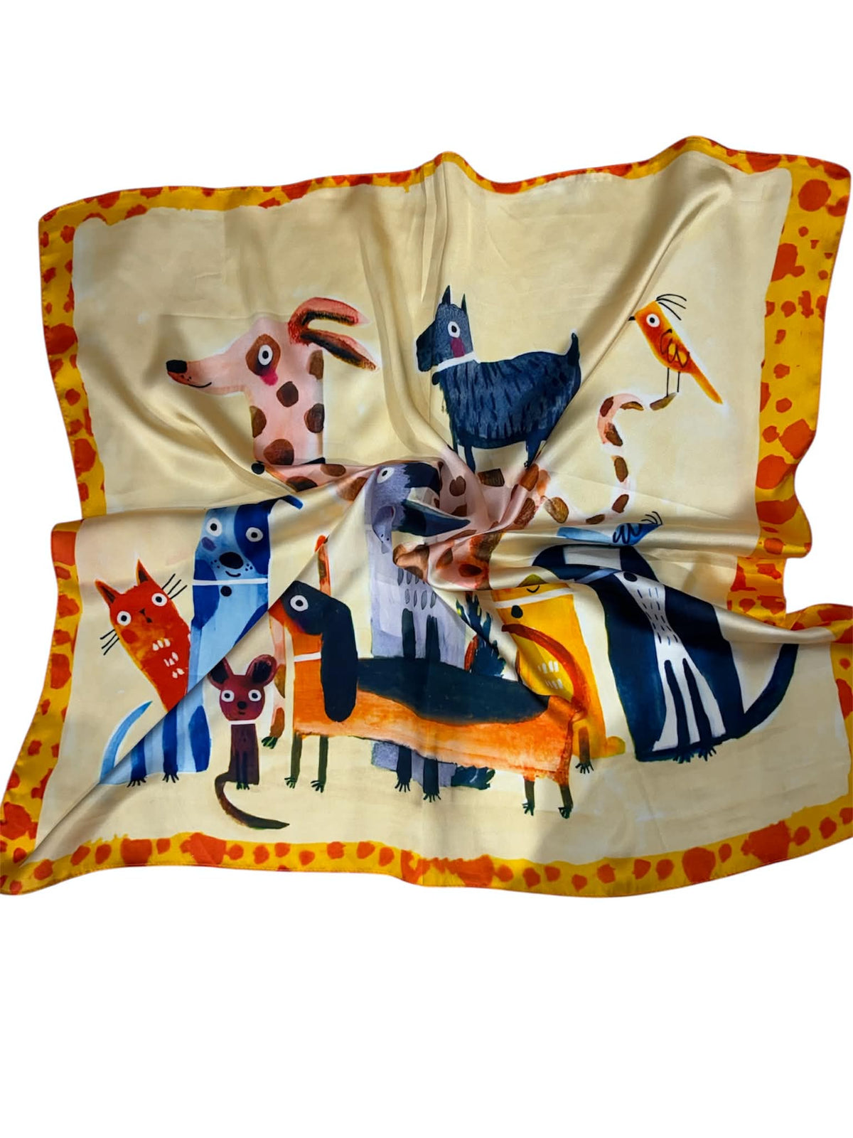 Esarfa de dama,  65x65 cm, 18% matase 72% vascoza,tip batic ,multicolora, design caini