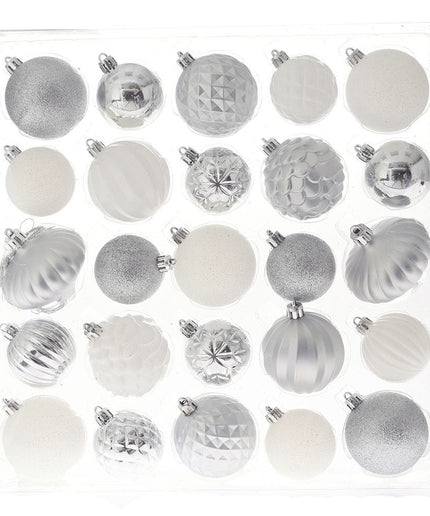 Set 25 globuri de Craciun, din plastic, argintii/albe