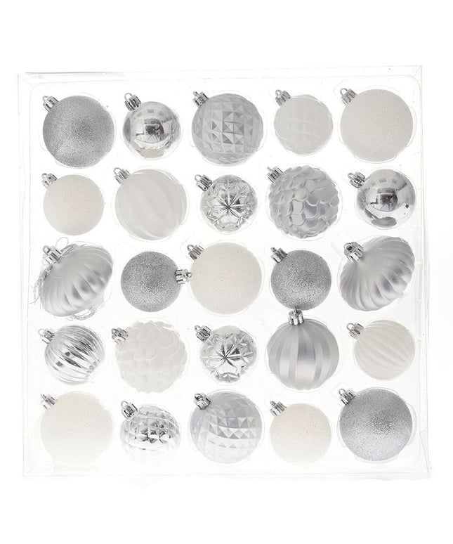 Set 25 globuri de Craciun, din plastic, argintii/albe