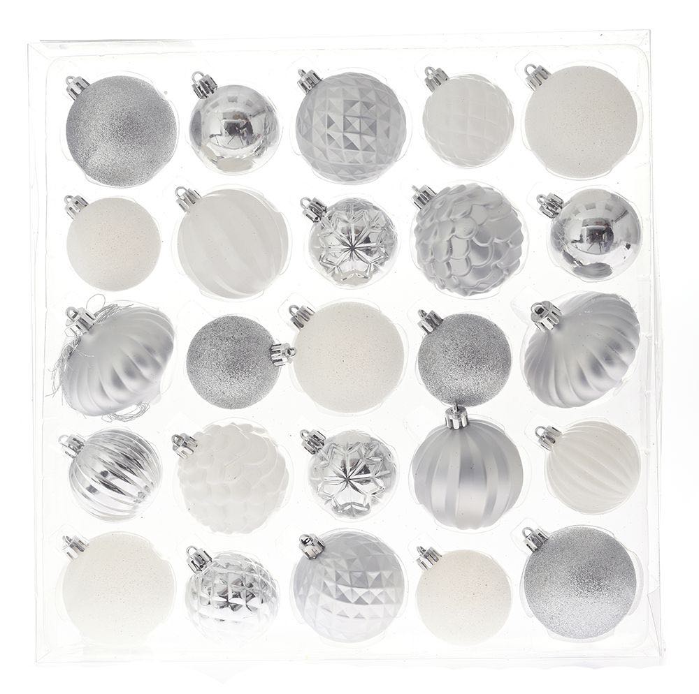 Set 25 globuri de Craciun, din plastic, argintii/albe
