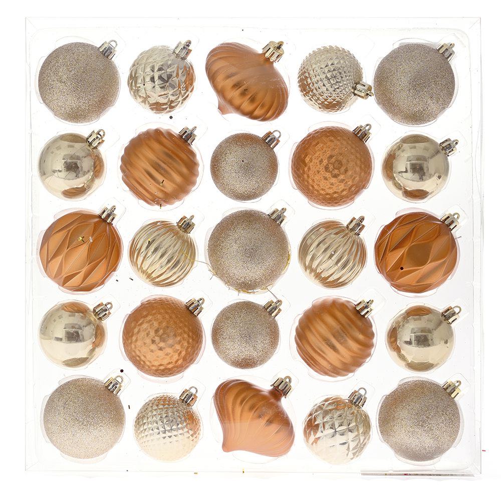 Set 25 globuri de Craciun, din plastic, aurii, forme diferite