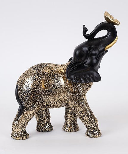 Decoratiune elefant, cu fluturas, negru-auriu, 23x10x26 cm