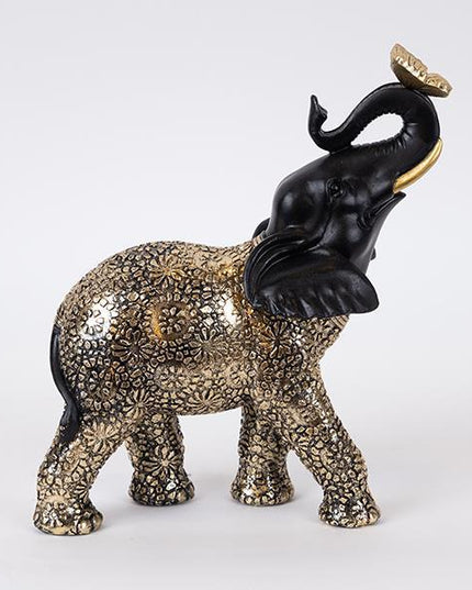Decoratiune elefant, cu fluturas, negru-auriu, 23x10x26 cm