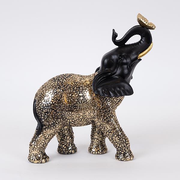 Decoratiune elefant, cu fluturas, negru-auriu, 23x10x26 cm