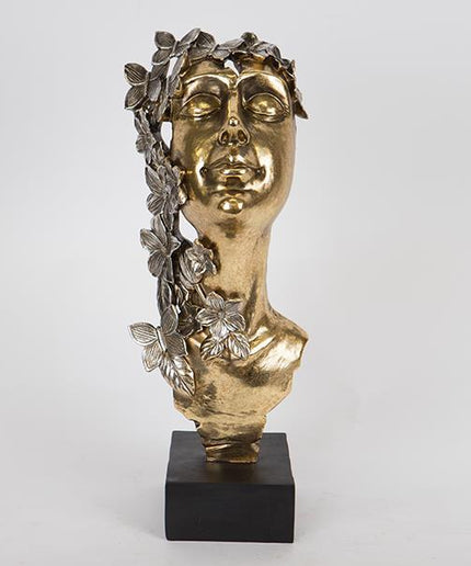 Statueta decorativa, bust de femeie din rasina, negru/auriu, cu flori si fluturi, 16.5x13x40cm