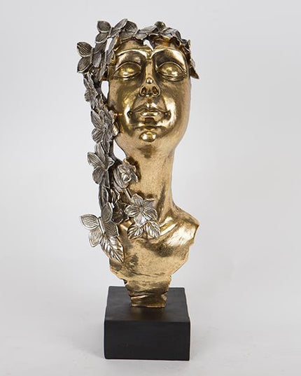 Statueta decorativa, bust de femeie din rasina, negru/auriu, cu flori si fluturi, 16.5x13x40cm