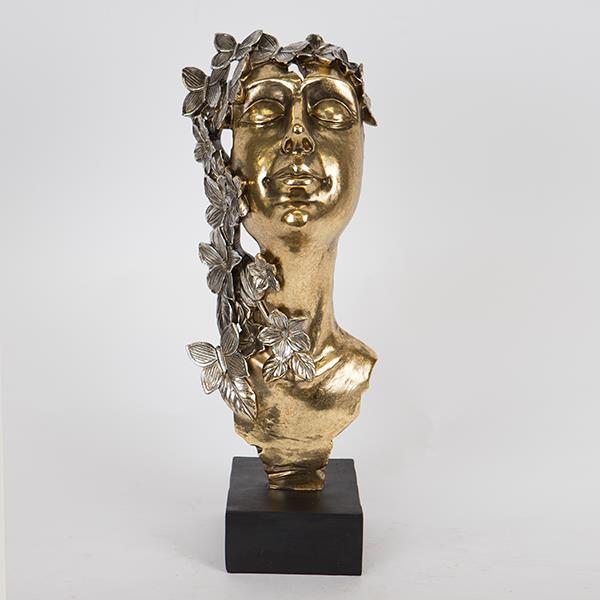 Statueta decorativa, bust de femeie din rasina, negru/auriu, cu flori si fluturi, 16.5x13x40cm