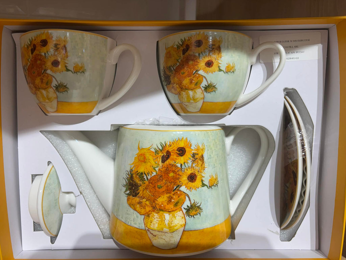 Set Ceainic și Cești, DUO, Floarea Soarelui Van Gogh, portocaliu, porțelan, 280 ml