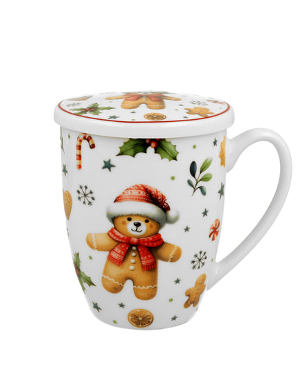 Cana cu infuzor pentru ceai, design Ursulet de Craciun cu fes si esarfa, 360 ml, alb-multicolor - Victoria home deco