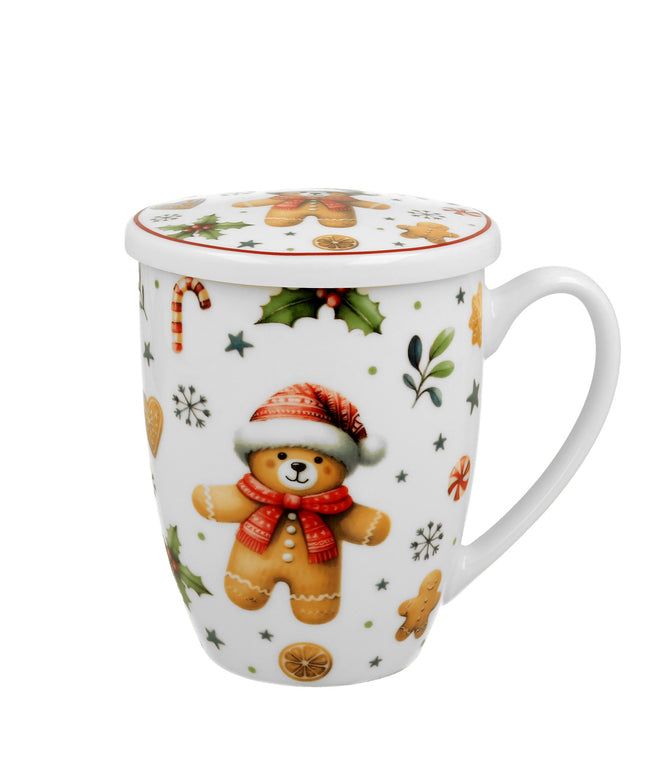 Cana cu infuzor pentru ceai, design Ursulet de Craciun cu fes si esarfa, 360 ml, alb-multicolor - Victoria home deco