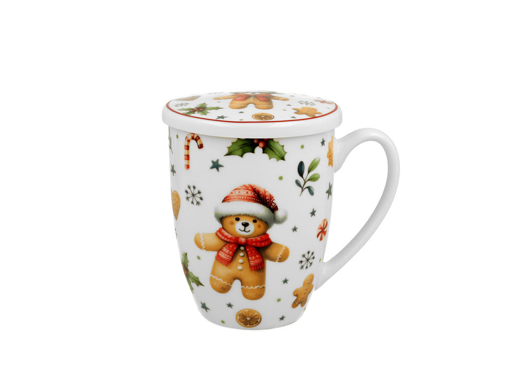 Cana cu infuzor pentru ceai, design Ursulet de Craciun cu fes si esarfa, 360 ml, alb-multicolor - Victoria home deco