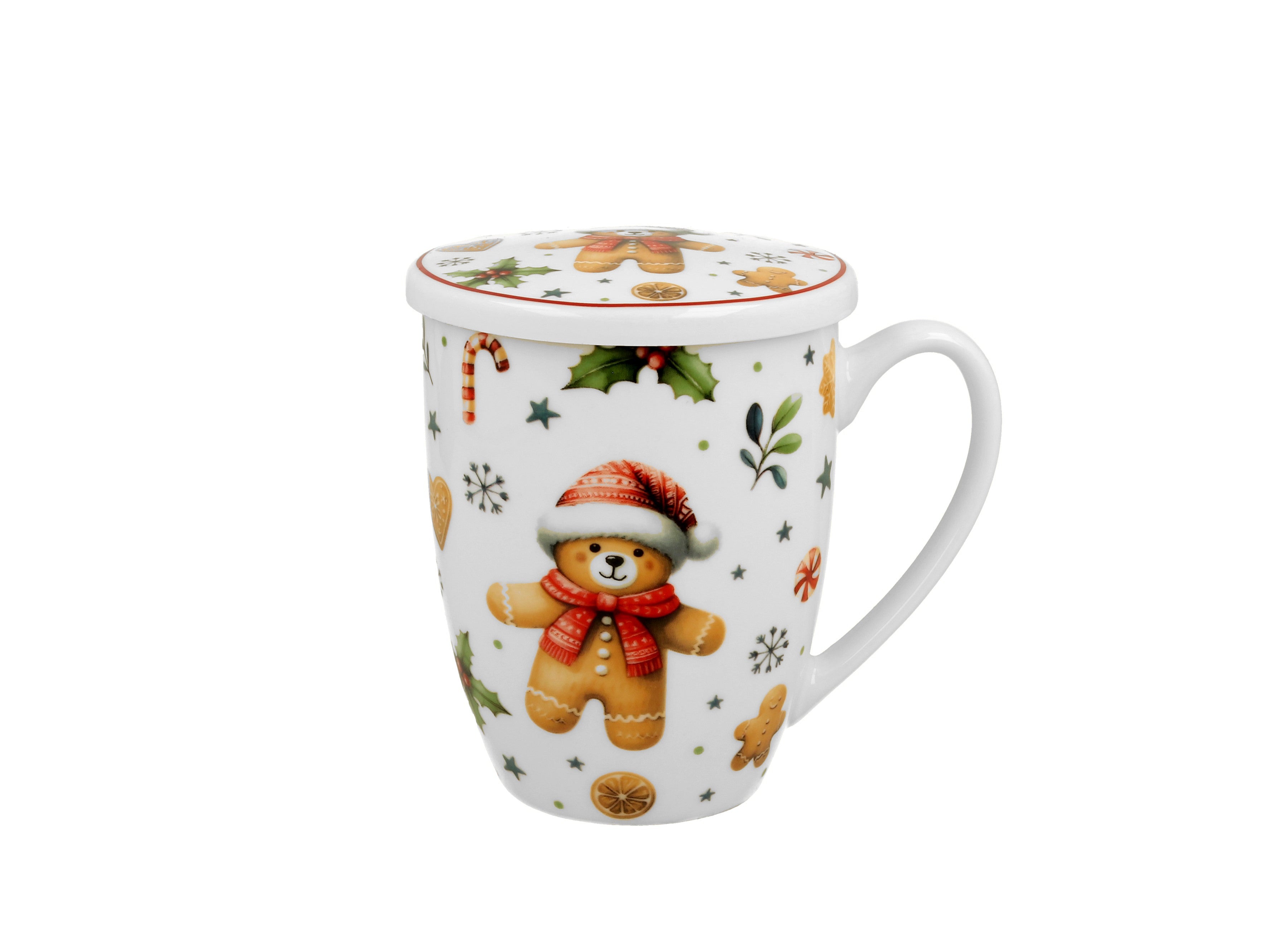 Cana cu infuzor pentru ceai, design Ursulet de Craciun cu fes si esarfa, 360 ml, alb-multicolor - Victoria home deco