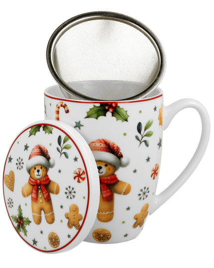 Cana cu infuzor pentru ceai, design Ursulet de Craciun cu fes si esarfa, 360 ml, alb-multicolor - Victoria home deco