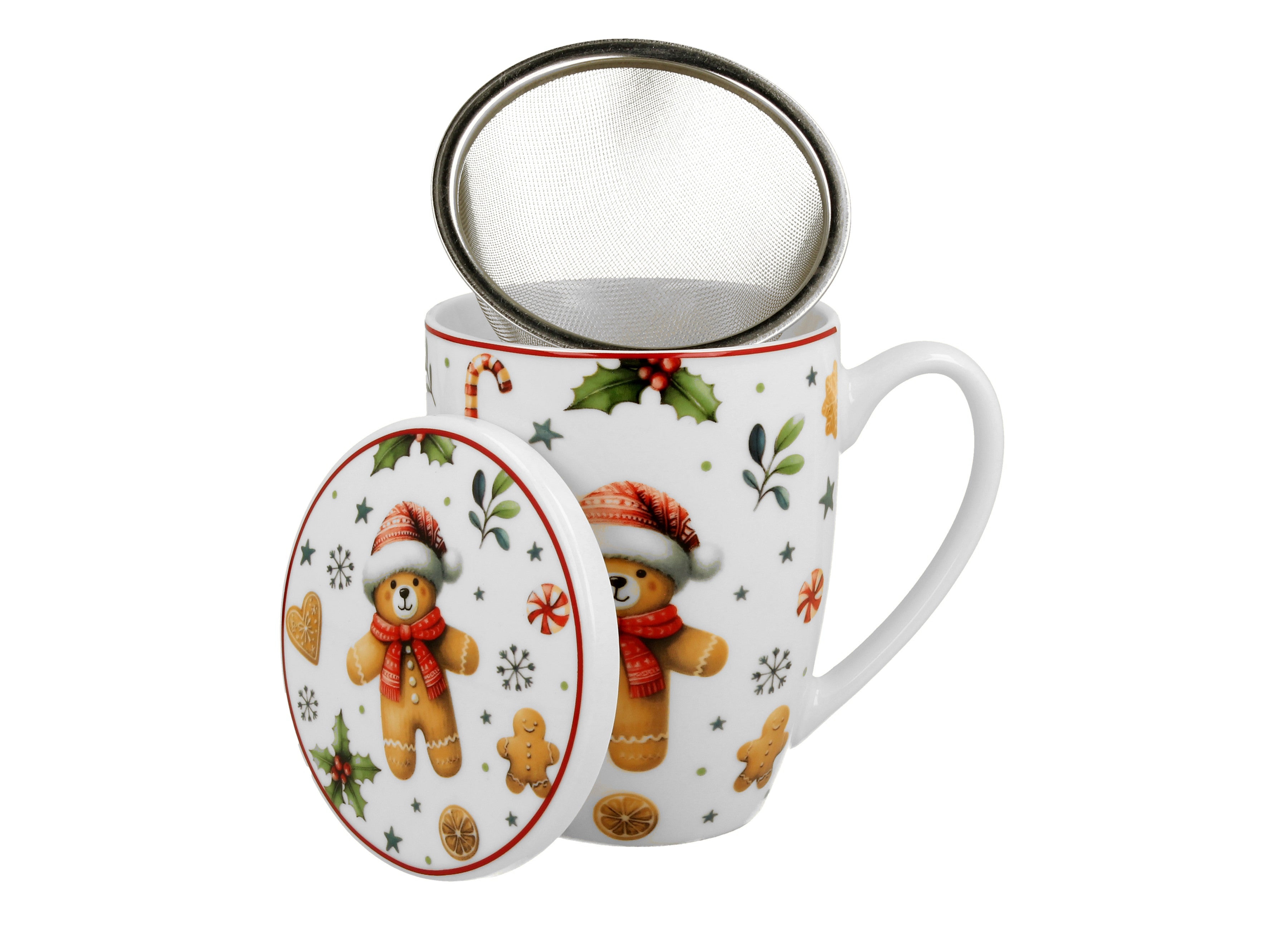 Cana cu infuzor pentru ceai, design Ursulet de Craciun cu fes si esarfa, 360 ml, alb-multicolor - Victoria home deco