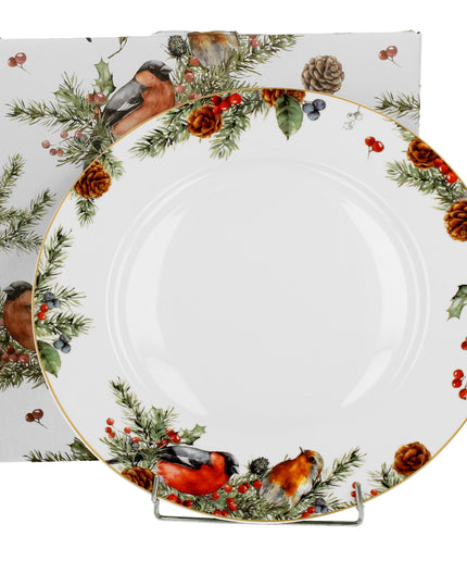 Farfurie mare cu margine inalta din portelan pentru desert, in cutie, Design Pasari de Craciun, 27 cm - Victoria home deco