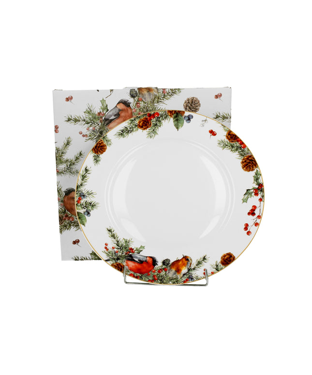 Farfurie mare cu margine inalta din portelan pentru desert, in cutie, Design Pasari de Craciun, 27 cm - Victoria home deco