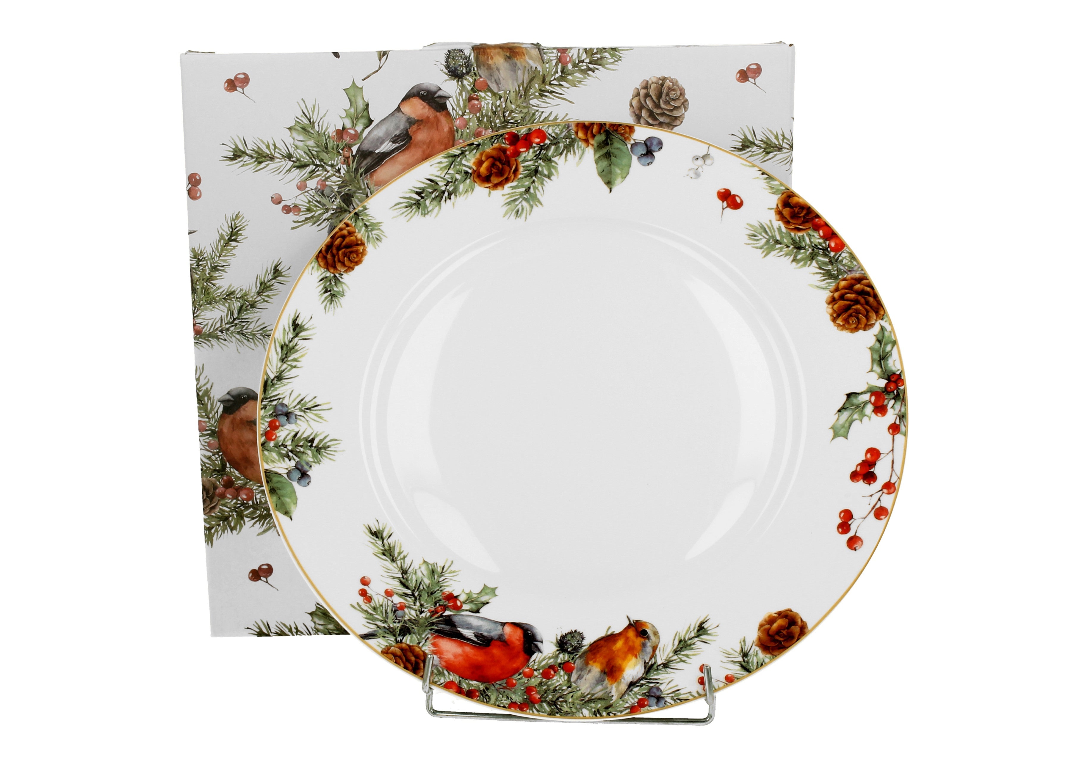 Farfurie mare cu margine inalta din portelan pentru desert, in cutie, Design Pasari de Craciun, 27 cm - Victoria home deco