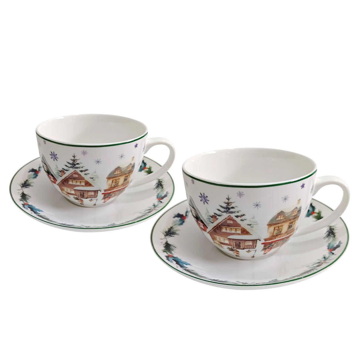 Set 2 cesti de Craciun, cu farfurioare, 280 ml, Christmas Village