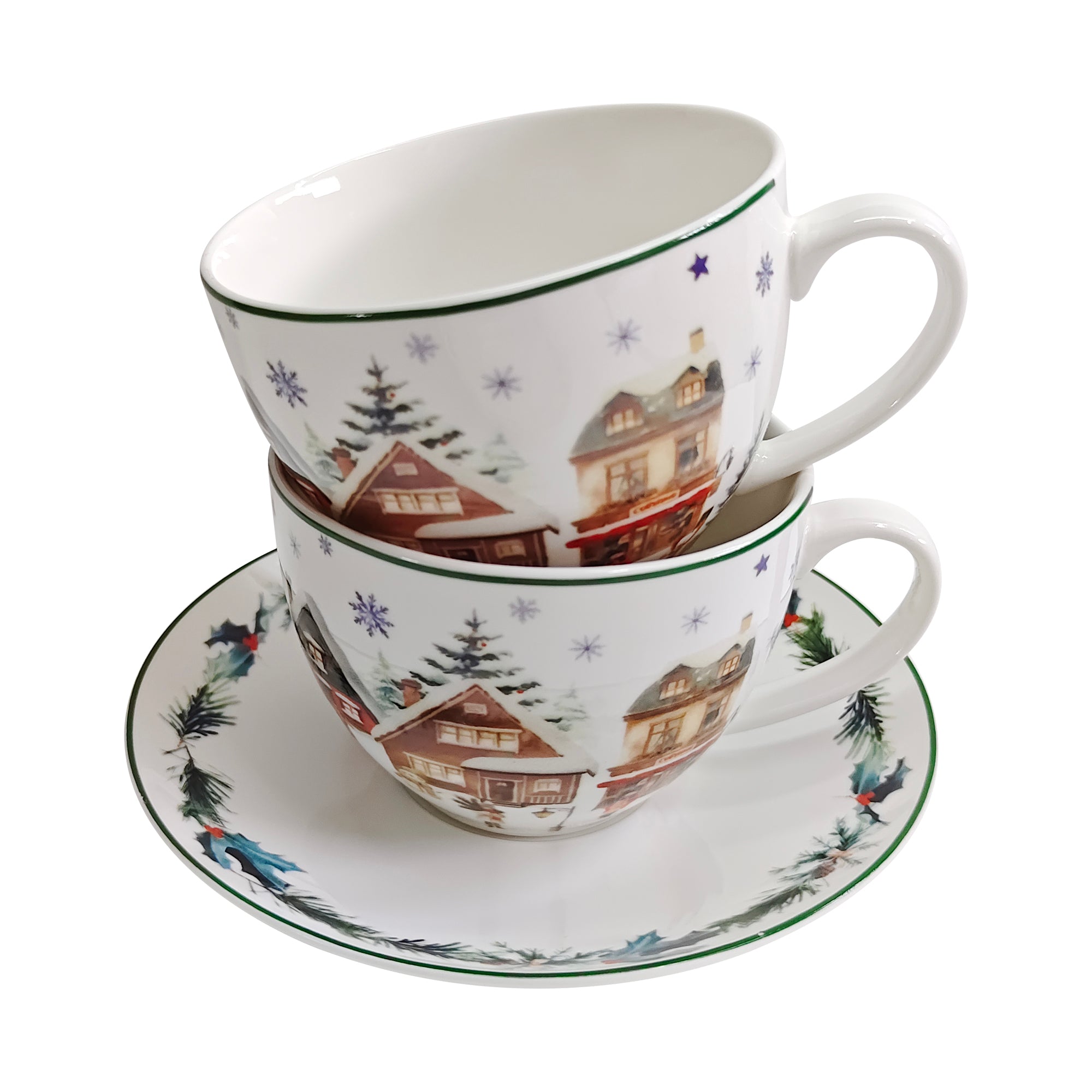 Set 2 cesti de Craciun, cu farfurioare, 280 ml, Christmas Village