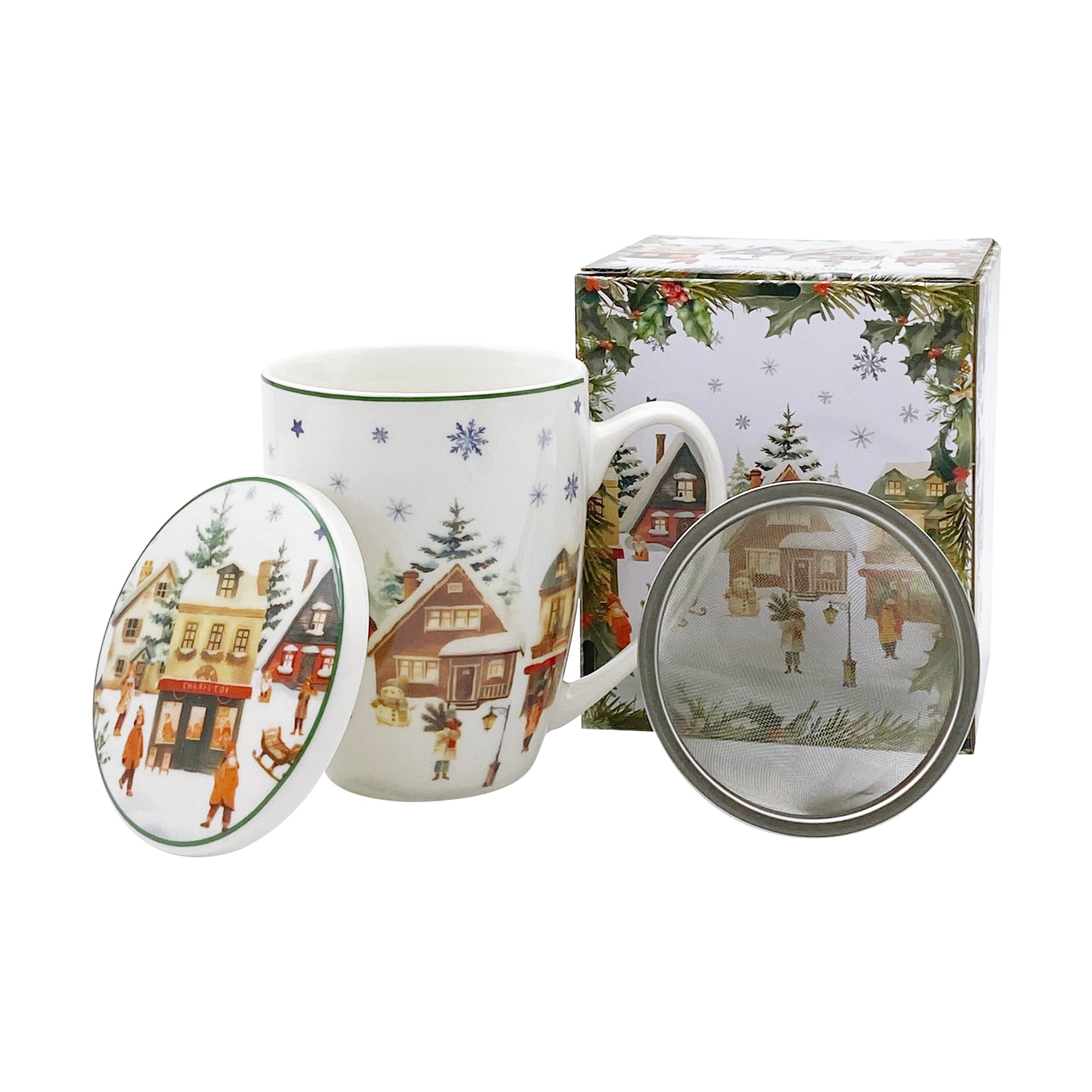 Cana cu infuzor pentru ceai, design Christams Village, 360 ml