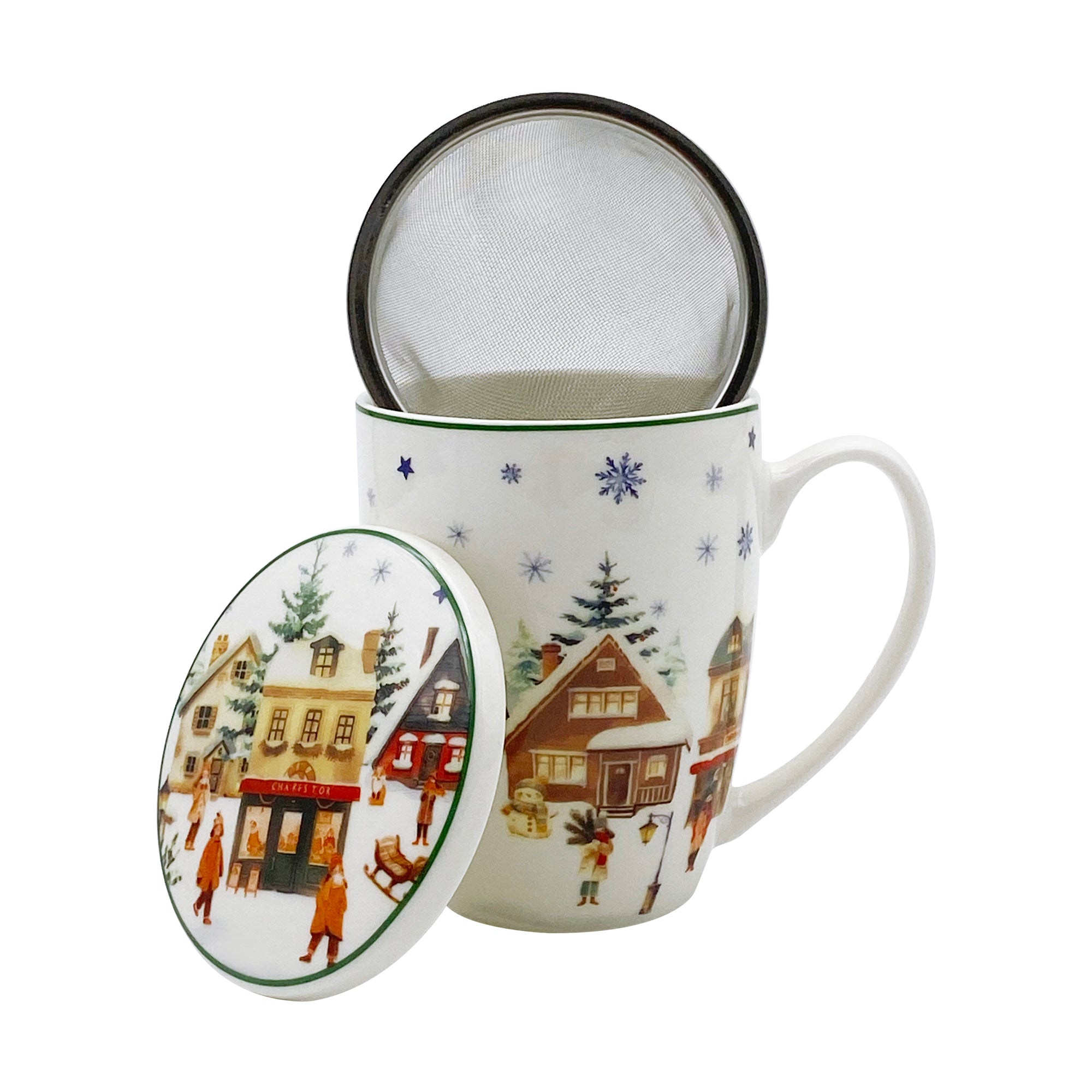 Cana cu infuzor pentru ceai, design Christams Village, 360 ml