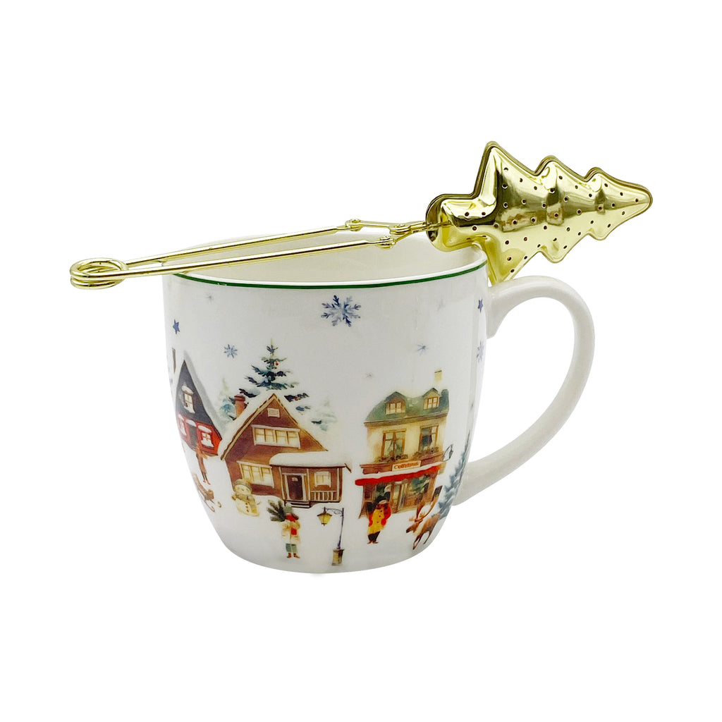 Cana de Craciun cu infuzor metalic pentru ceai, design Christams Village, 460 ml