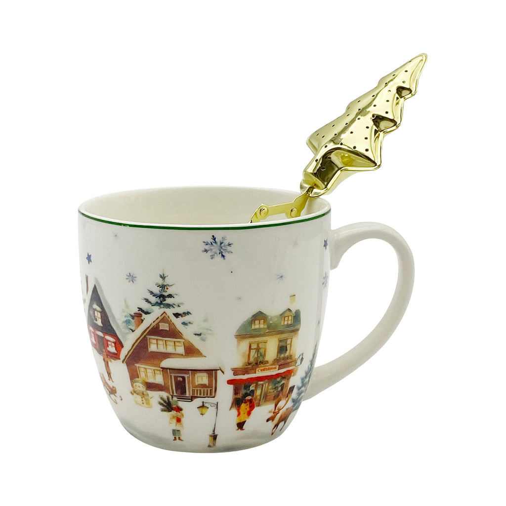 Cana de Craciun cu infuzor metalic pentru ceai, design Christams Village, 460 ml