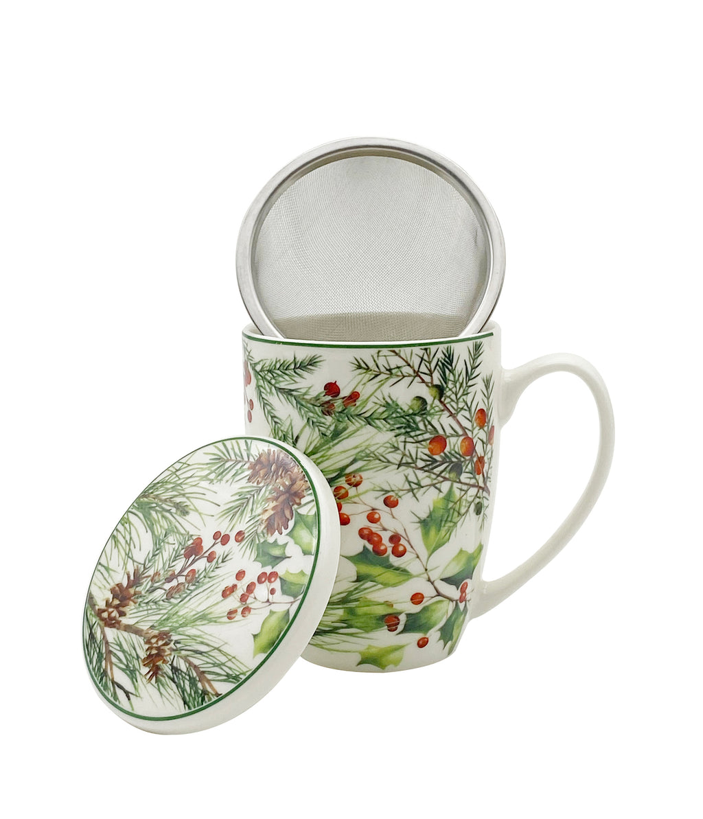 Cana cu infuzor pentru ceai, design Christams Leaves, 360 ml