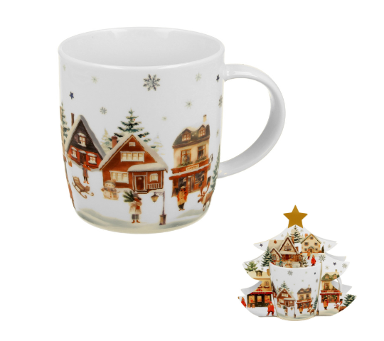 Cana 400 ml, de Craciun, in cutie brad, Chrismas Village, multicolor
