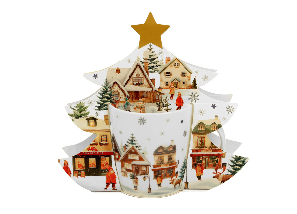 Cana 400 ml, de Craciun, in cutie brad, Chrismas Village, multicolor