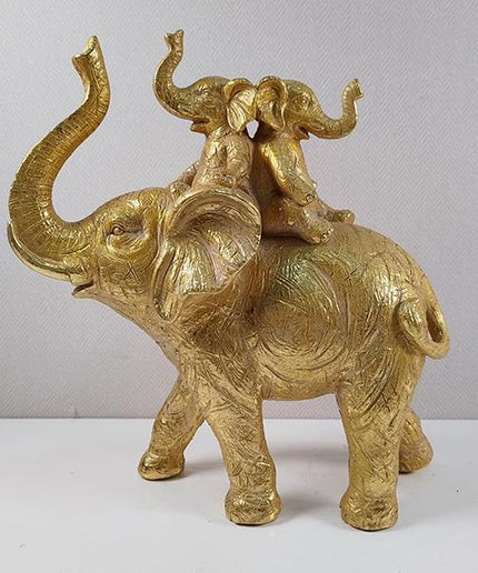 Decoratiune elefant cu pui, din rasina, Golden, 24x9.5x26 cm