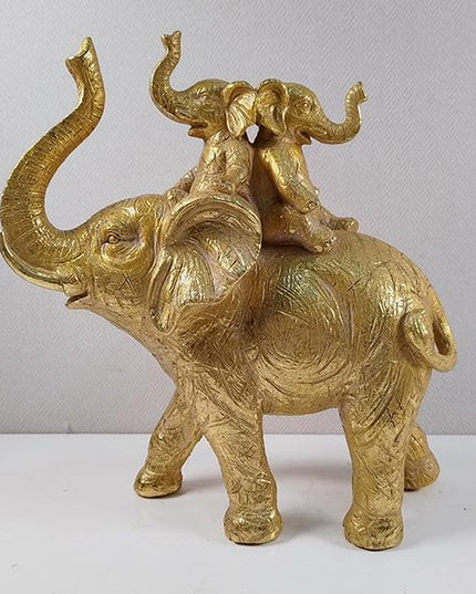 Decoratiune elefant cu pui, din rasina, Golden, 24x9.5x26 cm